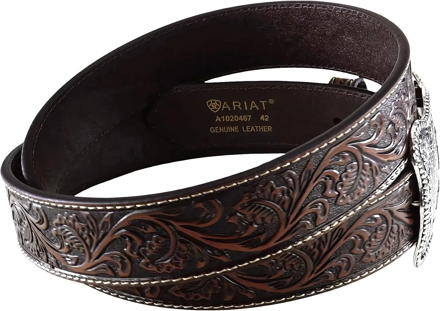 ARIAT Men's Floral Embossed Leather Belt with Antiqued Silver Cowboy Buckle
