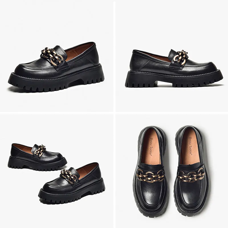 BeauToday Leather Chunky Loafers for Women