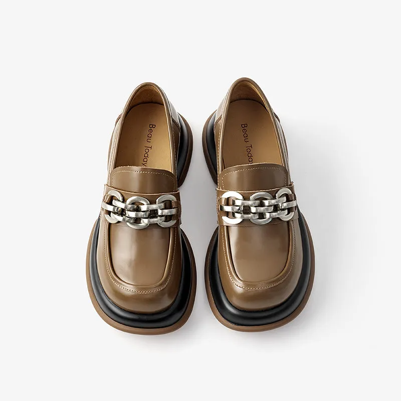 BeauToday Round Toe Metal Chain Leather Loafers for Women