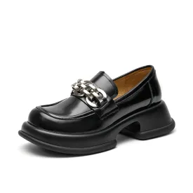 BeauToday Round Toe Metal Chain Leather Loafers for Women