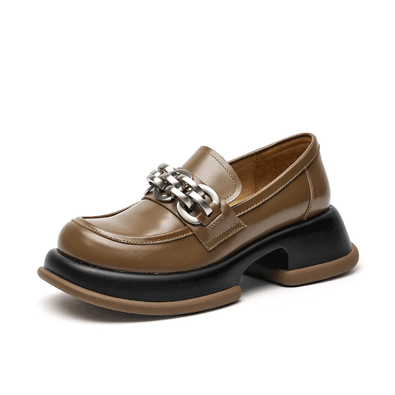 BeauToday Round Toe Metal Chain Leather Loafers for Women