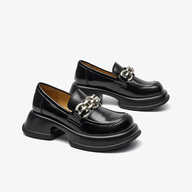 BeauToday Round Toe Metal Chain Leather Loafers for Women