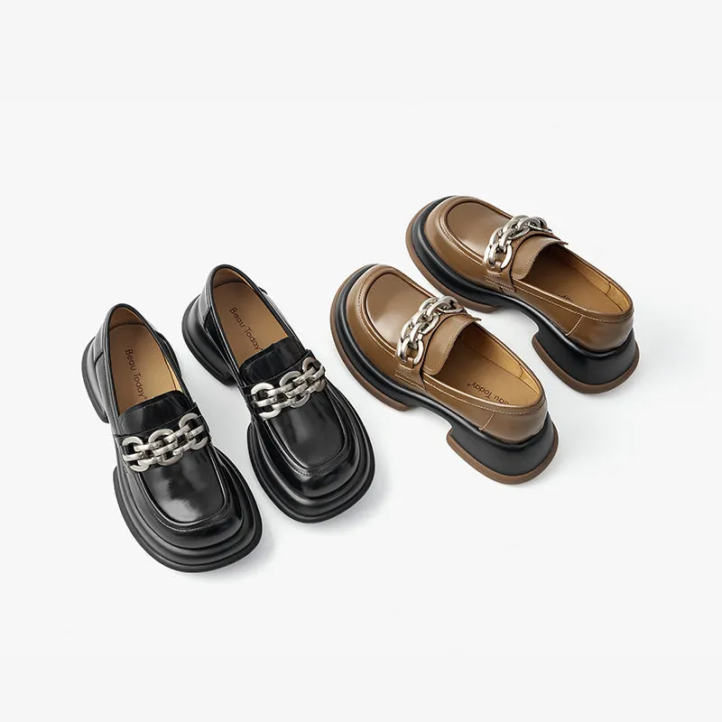 BeauToday Round Toe Metal Chain Leather Loafers for Women