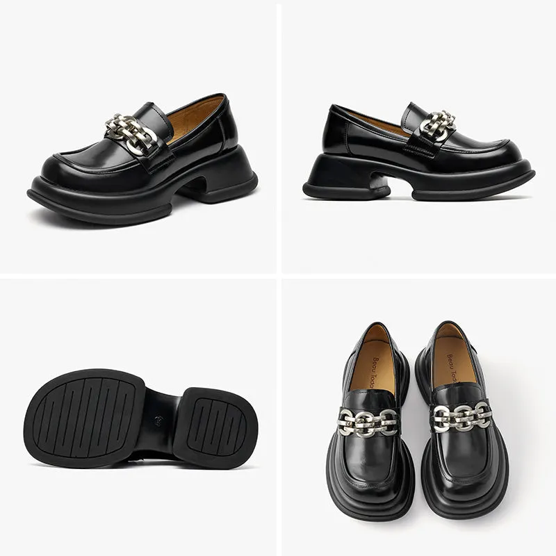 BeauToday Round Toe Metal Chain Leather Loafers for Women