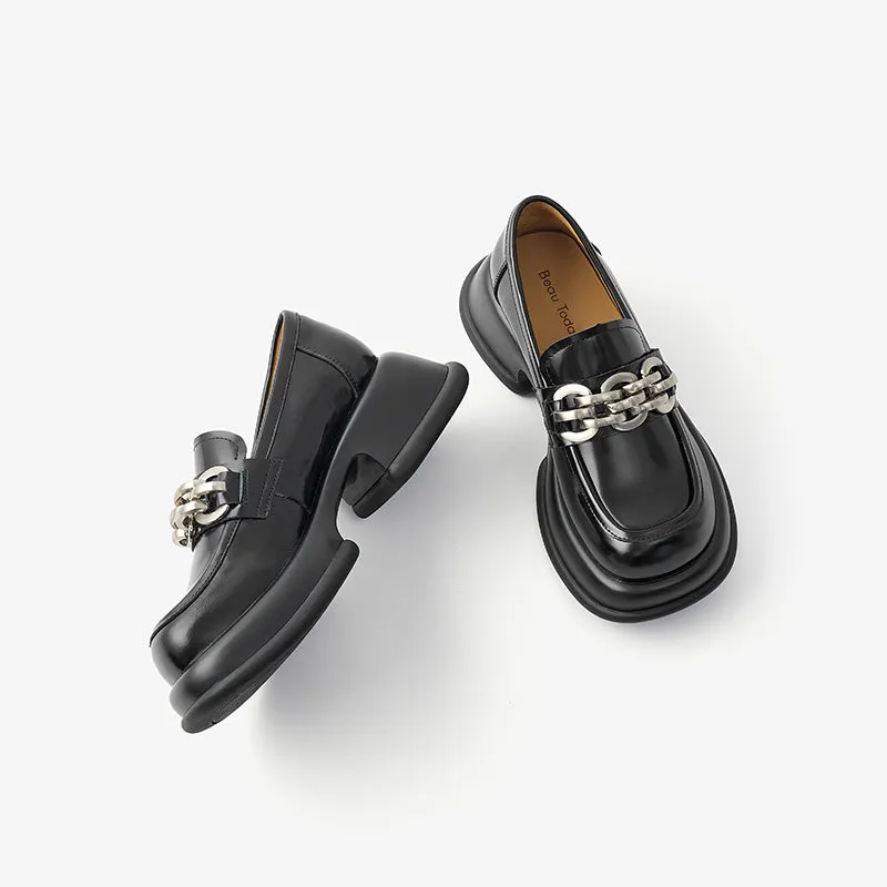 BeauToday Round Toe Metal Chain Leather Loafers for Women