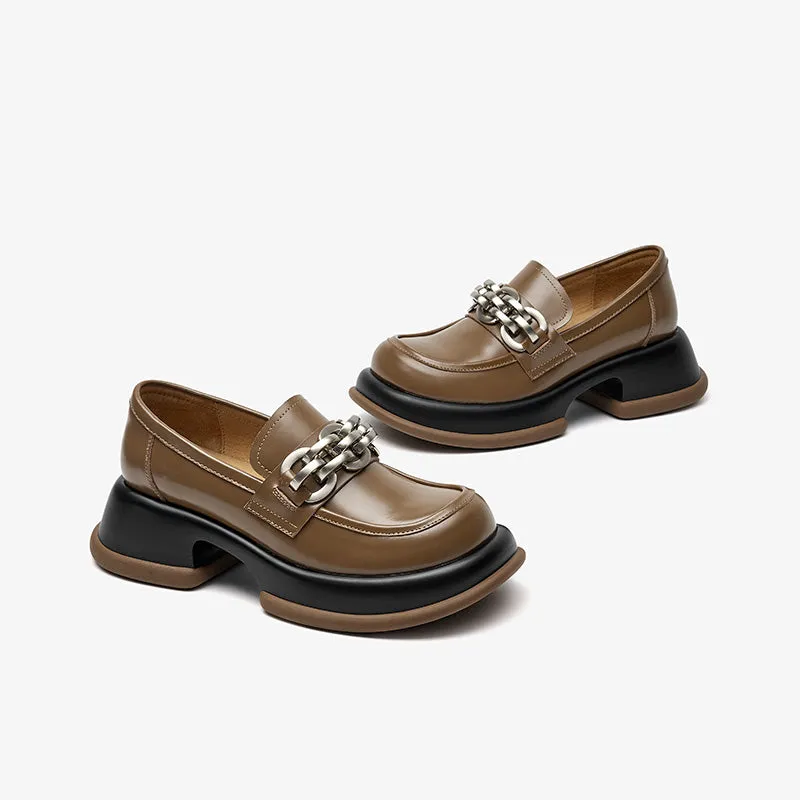 BeauToday Round Toe Metal Chain Leather Loafers for Women