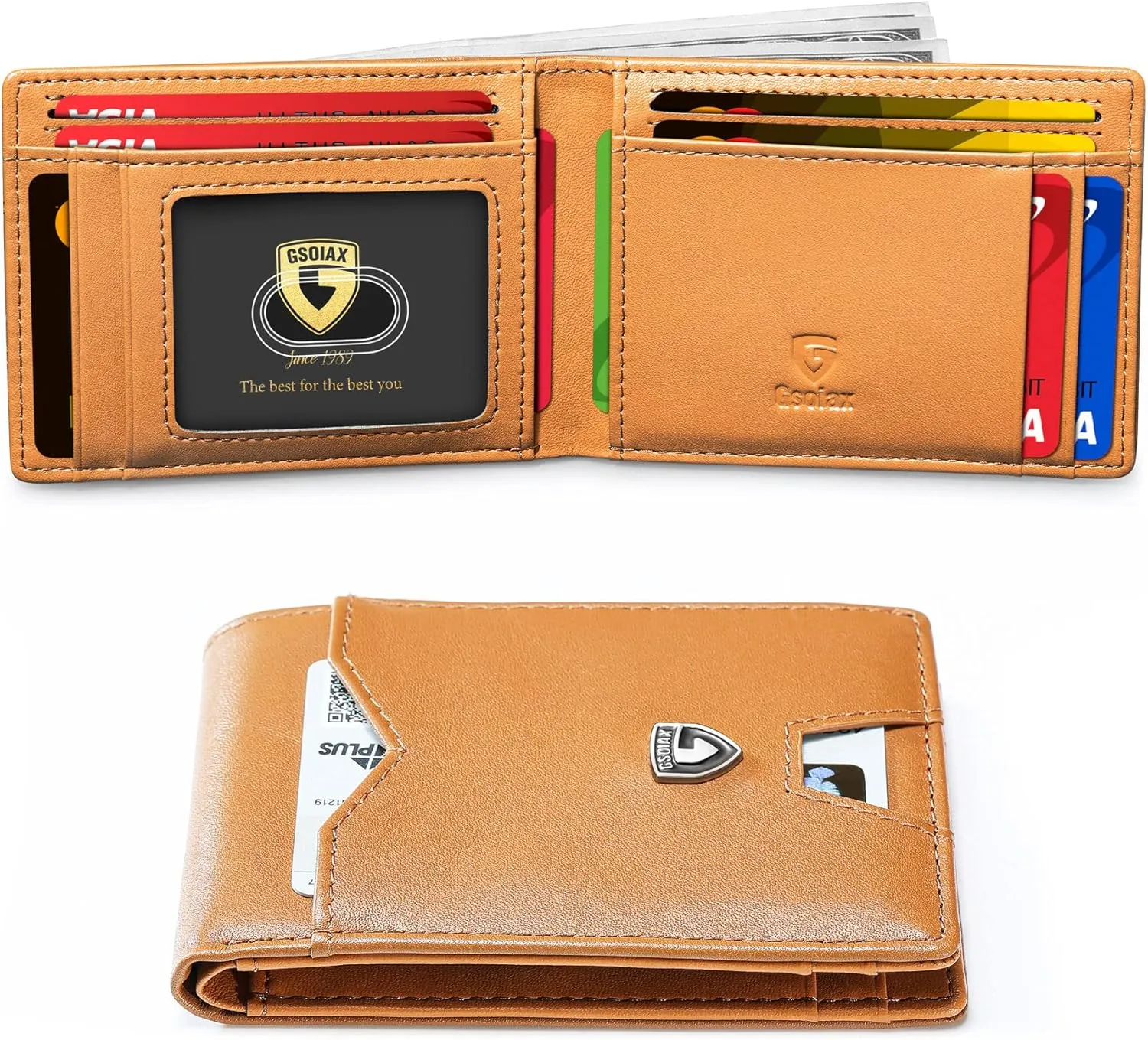 GSOIAX Mens Slim Wallet for Men Minimalist Genuine Leather Carbon Fiber Rfid Blocking Bifold Credit Card Holder With Gift Box (Brown)