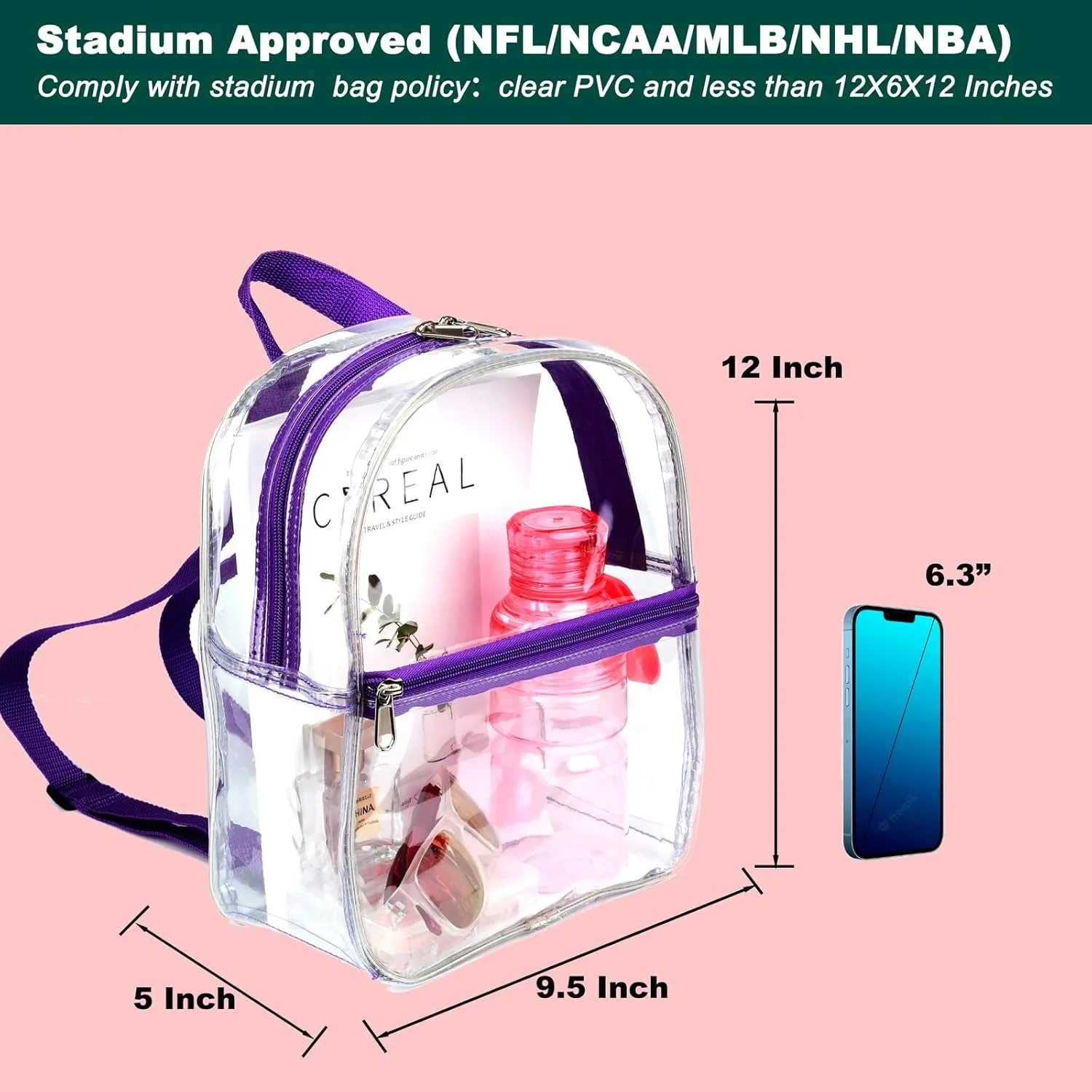 Keepcross Purple Small Mini Clear Backpack for Girls Kids - Cute Plastic Clear Bag Stadium Approved Great for Festival Sport Events Concerts Beach Travel