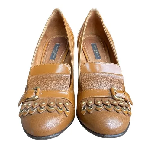 LOUIS VUITTON Balmoral Brogue Brown Leather Fringe Pumps, Size 38.5