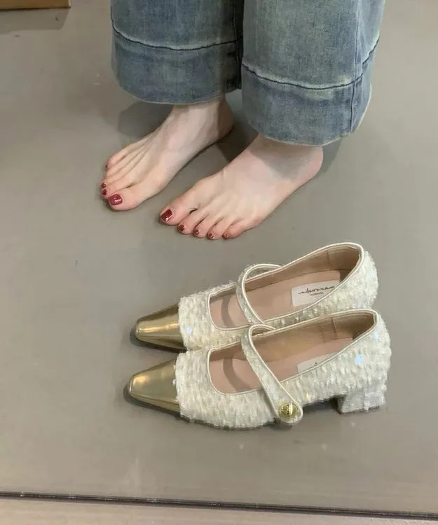 Pink Sequins Buckle Strap Splicing Chunky Heel Loafers XC1038