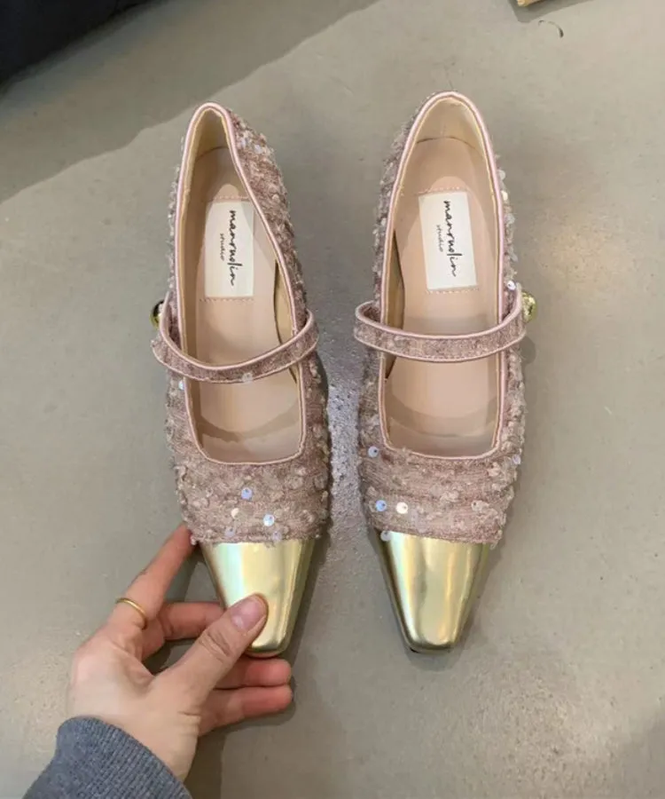 Pink Sequins Buckle Strap Splicing Chunky Heel Loafers XC1038