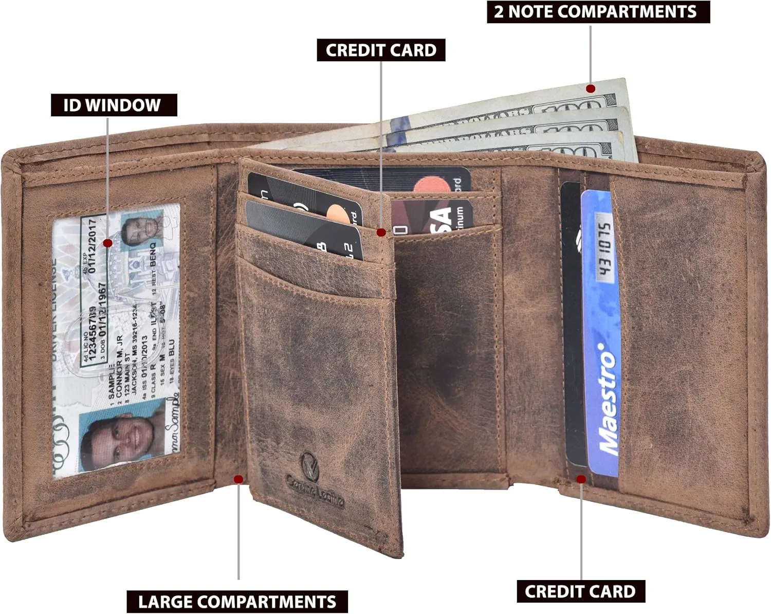 RFID Leather Trifold Wallet with 9 card slots,2 Note pocket coin pocket & ID window