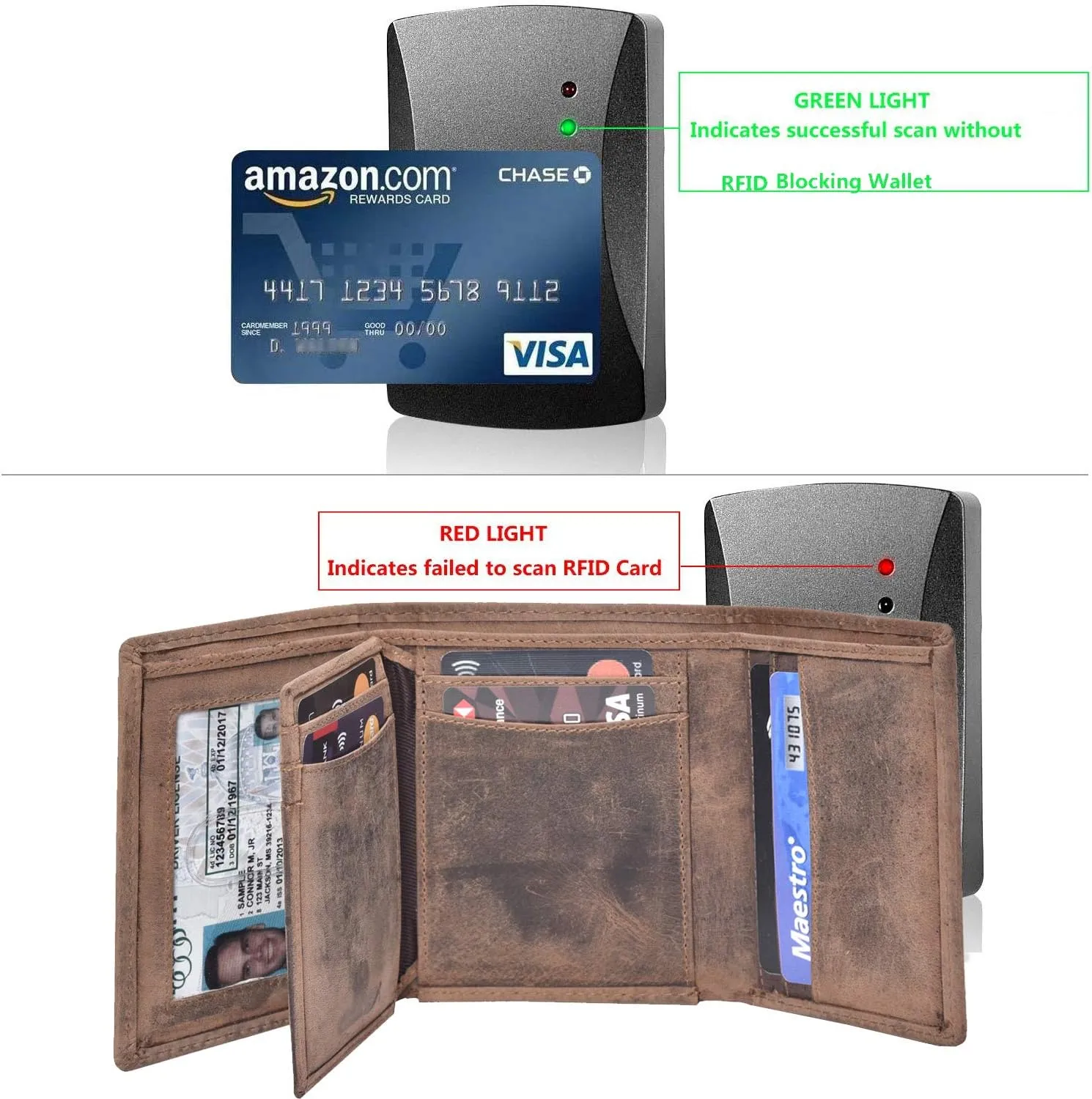 RFID Leather Trifold Wallet with 9 card slots,2 Note pocket coin pocket & ID window