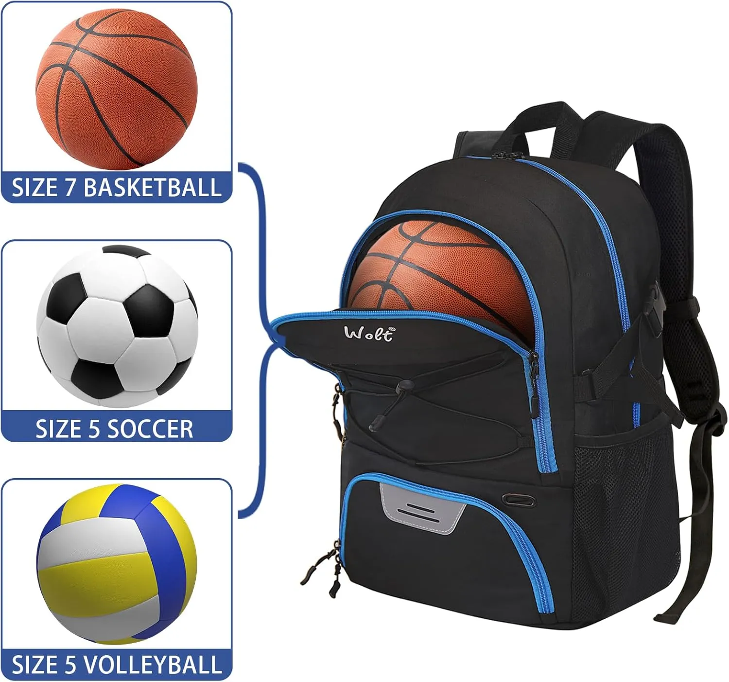 WOLT Basketball Backpack Large Sports Bag with Separate Ball Holder & Shoes Compartment, Best for Basketball, Soccer,Gym