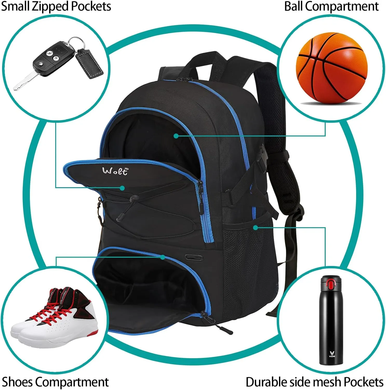WOLT Basketball Backpack Large Sports Bag with Separate Ball Holder & Shoes Compartment, Best for Basketball, Soccer,Gym