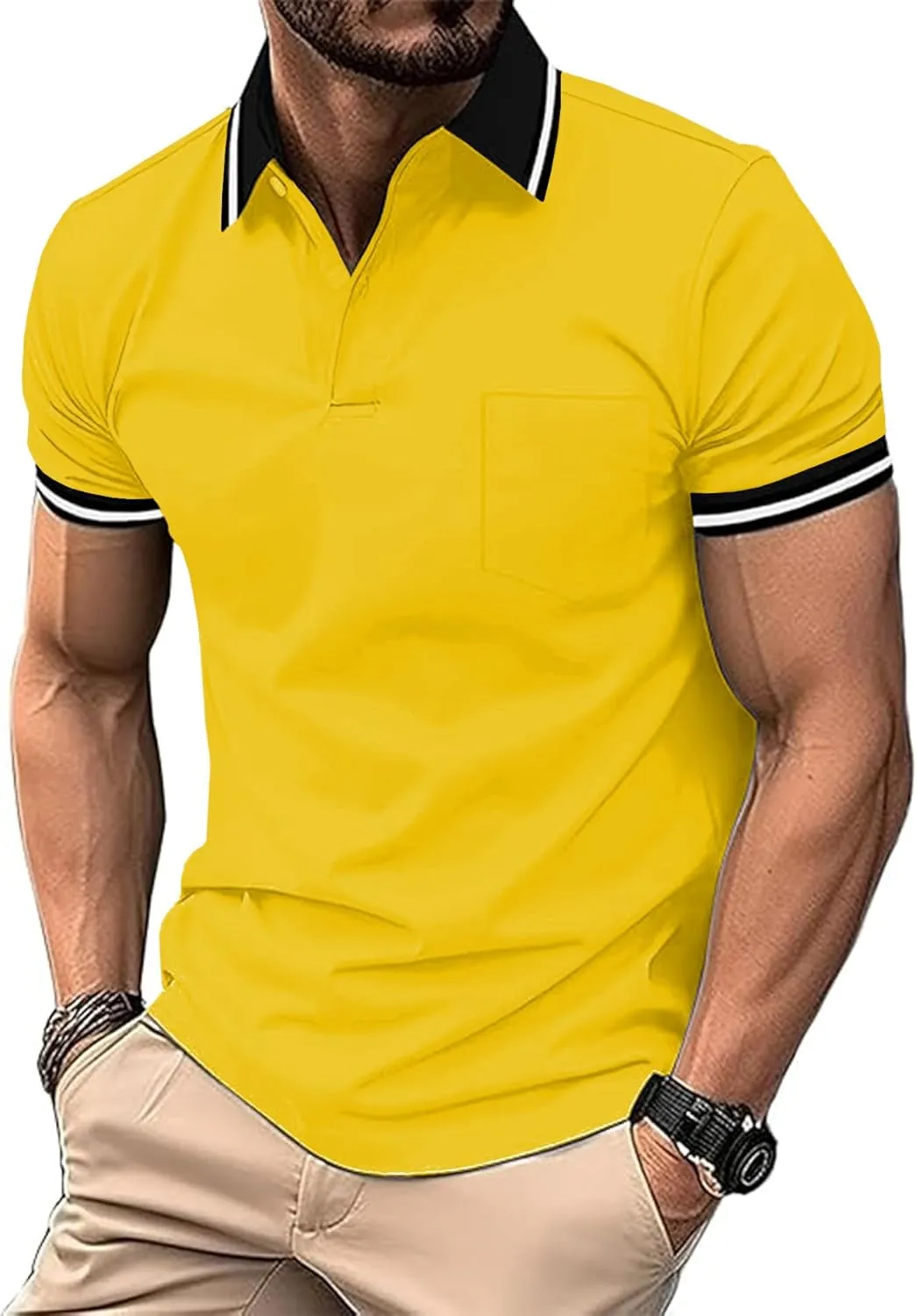 ZITY Mens Polo Shirts Casual Short Sleeve Athletic T-Shirts Classic Contrast Collar Shirt with Pocket
